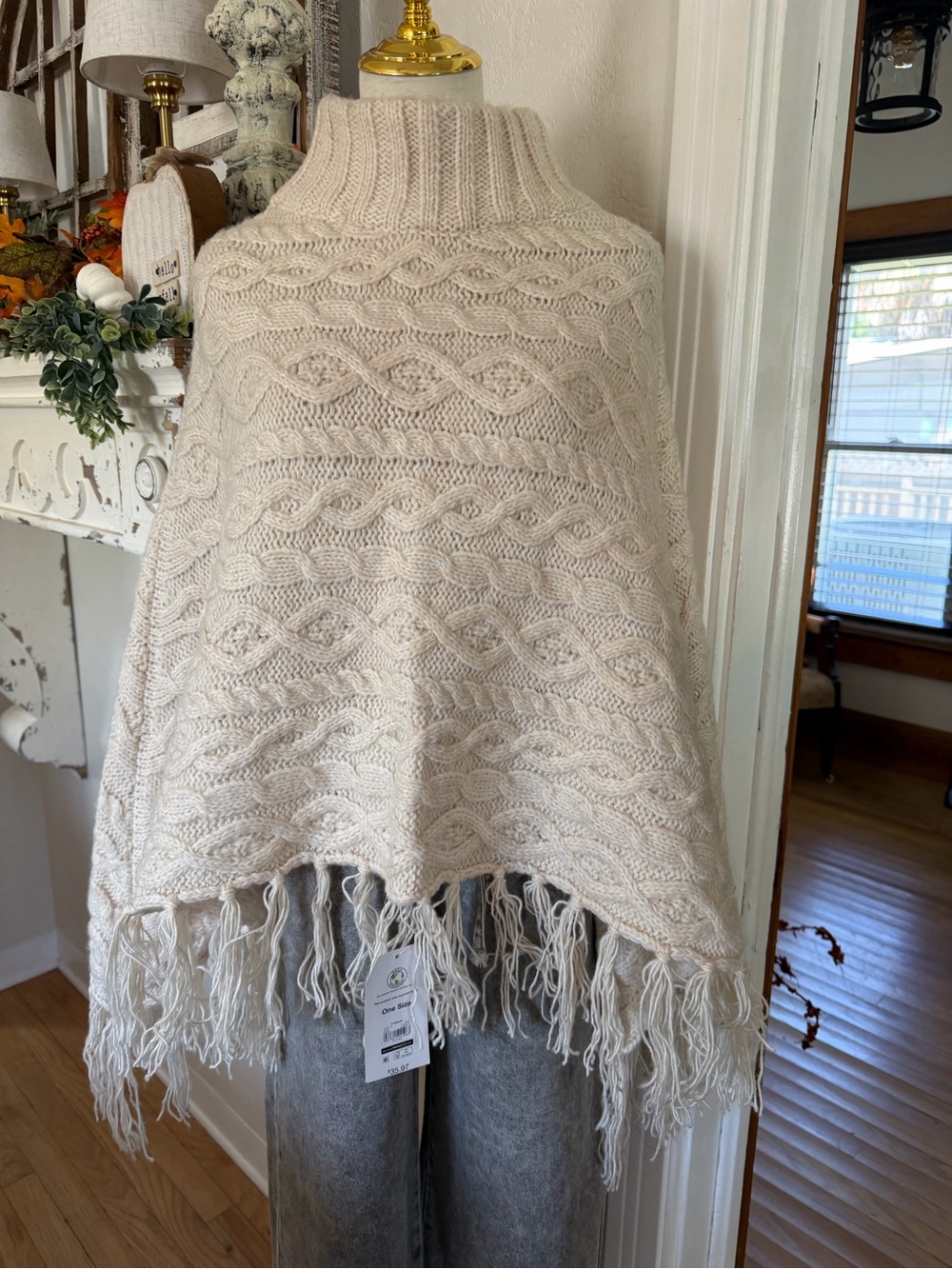 Time and Tru Cream Cable Knit Fringe Throw Poncho